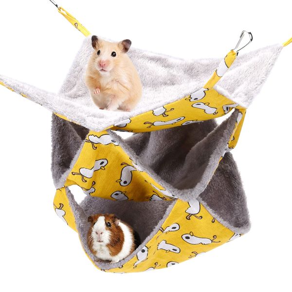 olyee Rat Hammocks for Cage,Triple Hanging Ferret Hammock Beds for Small Animals Guinea Pig Cage Accessories Bedding,Warm Hammock for Parrot Squirrel Hamster Rats Playing Sleeping(Yellow)