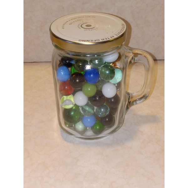 Lot Of 92 Glass Marbles Variety In Glass Jar w/ Handle