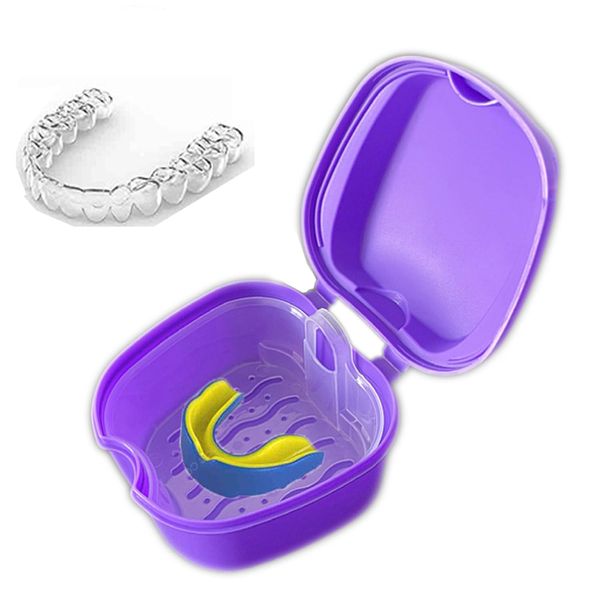 Retainer Case Denture Bath Box Easy Clean with Strainer Basket Portable False Teeth Storage Mouth Guard Denture Holder for Travel Retainer Soaking Cleaning (Purple)