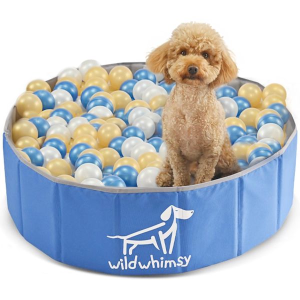 Wild Whimsy Dog Ball Pit - 32 Inch Small Foldable Ball Pit for Dogs - Indoor Outdoor Playpen with Metal Reinforcement Ring - Storage Case Included - Holds Over 400 2.75 Inch Balls (Sold Separately)