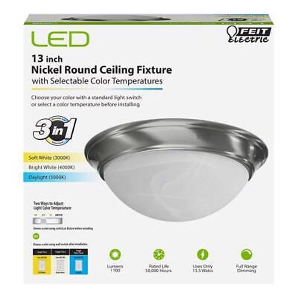 FEIT Electric LED 4.58in. H x 13in. W x 13in. L Satin Nickel LED Ceiling Light