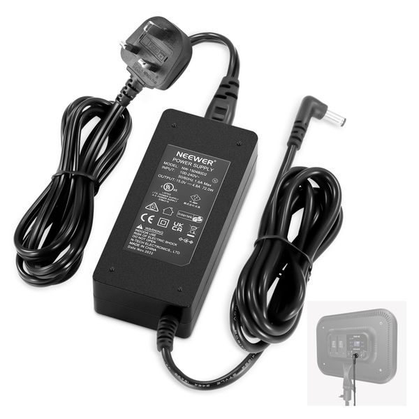 NEEWER 15V 4.8A 72W Power Supply with 5.5mmx2.5mm Male DC Cord, 100-240V AC to DC Power Adapter for Ring Light RL18, LED Video Light NL660 GL1 RGB168 RGB1200 and More (UK Plug)