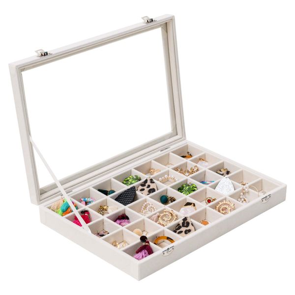 Mebbay 35 Grid Earring Organizer Velvet Jewelry Tray Organizer Felt Jewelry Box Tray Holder with Clear Lid for Drawer, Earring Necklace Bracelet Ring Healing Stones Storage (Creamy White)