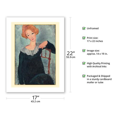Woman with Red Hair - From an Original Color Painting by Amedeo Modigliani c.1917 - Bamboo Fine Art 290gsm Paper (Unframed) 17x22in