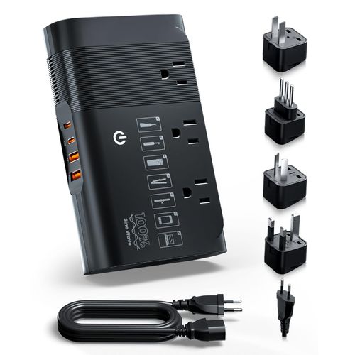 DOACE 500W Pure Sine Wave Voltage Converter, 220V to 110V European Travel Plug Adapter Converter, International Travel Transformer for US to Most Europe，UK, AU, EU, IT with 3 US Outlets & 4 USB, BLACK