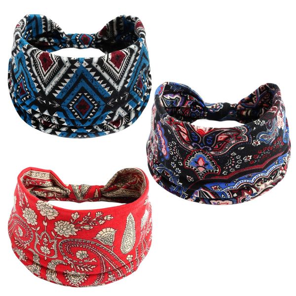 Boho Stirnband Damen Boho Stirnbänder Blumen Headwraps Vintage Haarband Elastischer Kopftuch für Damen und Mädchen (3 Stück), 14023