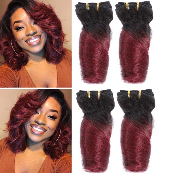 XCCOCO 10A Short Ombre Loose Wave Hair 4 Bundles 10 10 10 10inch (50g/bundle) Ombre Burgundy Wavy Red Wine Peruvian Virgin Human Hair Short Soft Bob Curly Weave(1b/99j#)