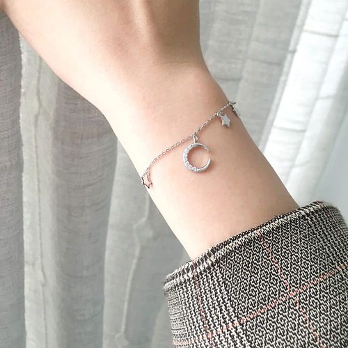 Belons Women's Charm Bracelet 925 Sterling Silver Cubic Zirconia Moon Stars Star Bracelet Girls Bracelet with Extension, Sterling Silver Sterling Silver Zirconia, Cubic Zirconia