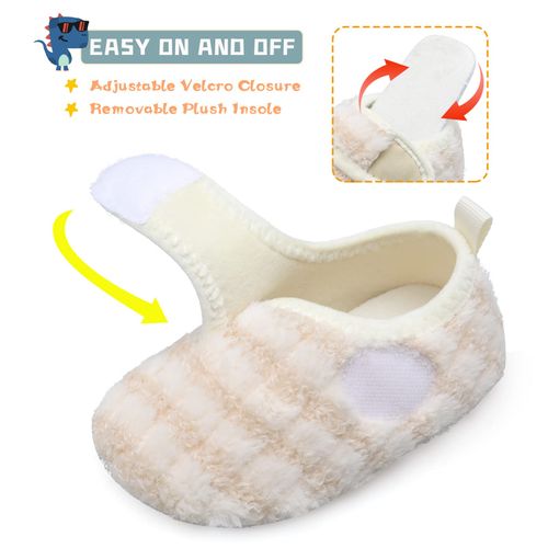 Scurtain Girls Slippers No-Slip Memory Foam Slippers Soft Rubber Sole House Shoes for Bedroom Indoor Outdoor Strip Beige 3.5-4.5 Infant