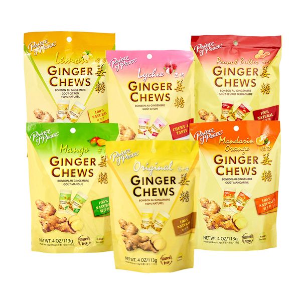 Prince of Peace Ginger Chews Candy Bundle — Original, Lemon, Orange, Mango, Lychee and Peanut Butter Flavors — 100% Natural, Vegan and Gluten-Free Candies, Pack of 6, 4oz (113g)