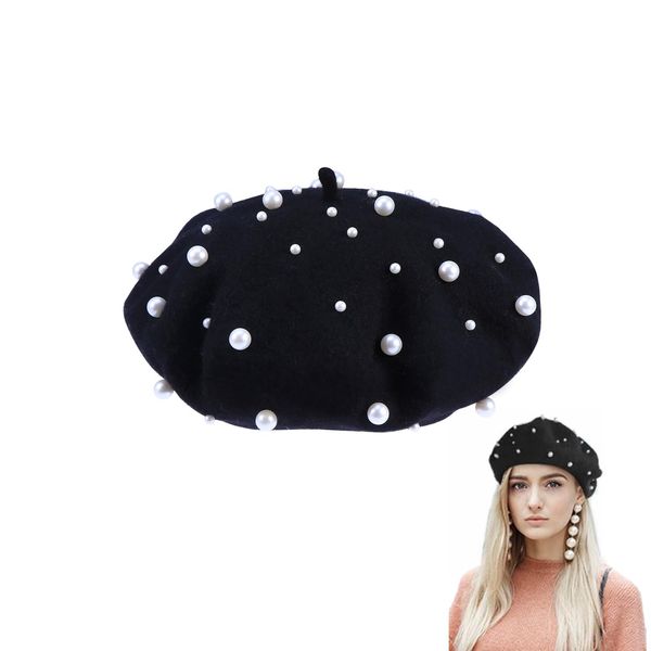 Pearl Autumn Winter Cashmere Beret Starry Beaded Pearl Rivet Wool Beret (Black)