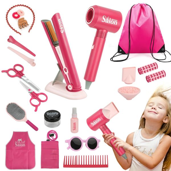 23 Pcs Hair Salon Girls Toys Kids Pretend Play Toys Toddler Dress Up Beauty Salon Set Stylist Kit with Hairdryer Flat Apron Scissors Curling Accessories Girl Gifts (with Storage Bag)