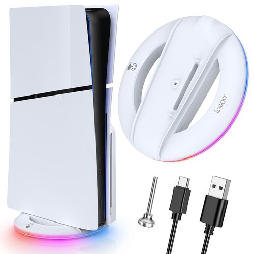 Auarte RGB Vertical Stand for PS5 Slim Disc ＆ Digital New Console, LED Light Base Stand for PS5 Slim Accessories with 14 Light Modes, PS5 Slim Holder Stand with Screw＆ USB Cable