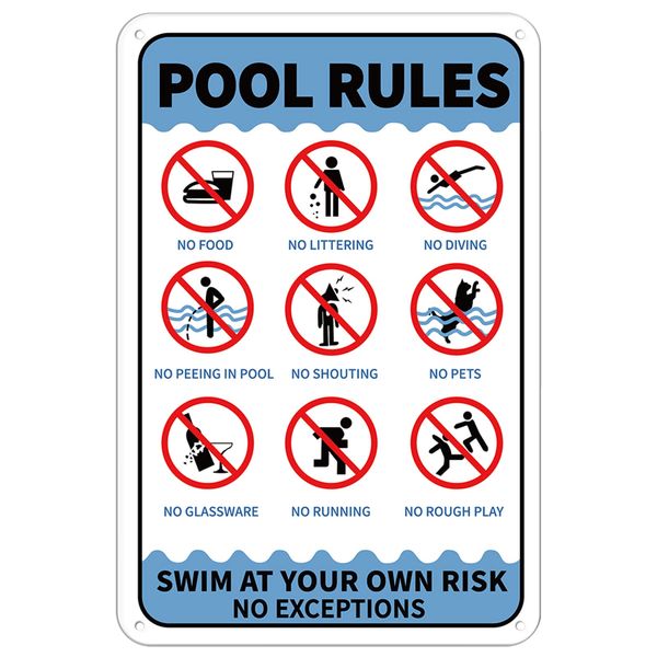 GLOBLELAND Summer Pool Rules Swim at Your Own Risk No Exceptions Sign 20x30 cm 35 Mil Aluminum Warning Sign, UV Protected and Waterproof