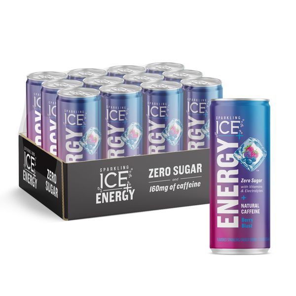 Sparkling Ice +ENERGY Berry Blast Sparkling Water. Energy drinks with Vitamins & Electrolytes, Zero Sugar, 12 fl oz Cans (Pack of 12)