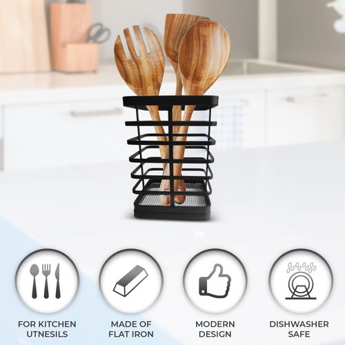 COMFEX Kitchen Utensil Holder, Cutlery Holder Stand | Metal Wire Utensil Organiser and Drainer - Space Saving Compact Utensil Rack for Metal Spatulas Wooden Spoons and Tongs