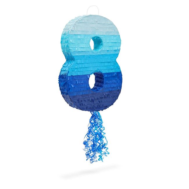 Number 8 Pull String Pinata for Boys 8th Birthday Party, Ombre Blue (16.5 x 11.4 In)