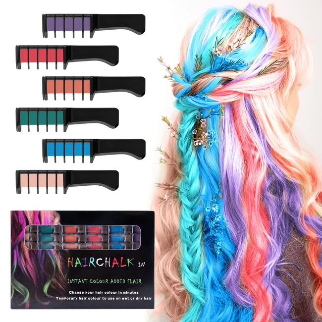 6 Colors Washable Hair Chalk Comb, Professional Crayons Hair Color Dyeing Tool for Party Cosplay, DIY Children's Day, Halloween Birthday Christmas Gifts (Girls Age 5 6 7 8 9 10 11)