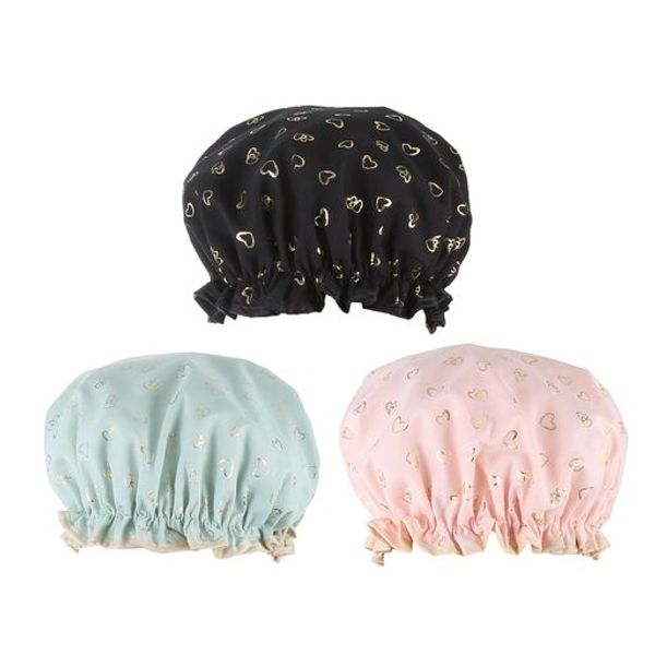 VOCOSTE Shower Cap, Elastic Hair Cap, Bath Cap, 2-Layer Waterproof, Lightweight, Cute, Heart-Shaped Pattern, For Bath, Face Wash, Hot Springs, SPA, Cooking, Reusable, 3 Pieces, Pink, Green, Black