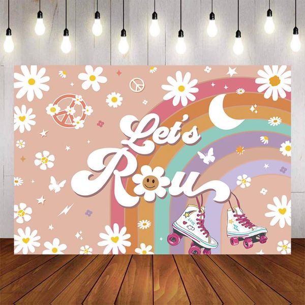 Let's Roll Theme Backdrop Groovy Rainbow Roller Skate Photography Backgroud Lets Roll Skate Party Decors for Roller Skate Girl Birthday Party Decorations Cake Table Banner (6x4ft)