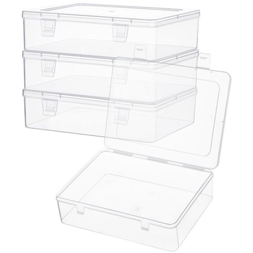 Katfort Clear Container with Lid, 4 Packs Rectangular Plastic Storage Box with Lid 8.74''×6.73”×1.6'' Clear Containers for Storage, Beads, Crafts Accessories