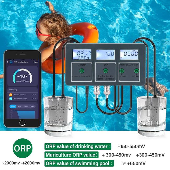 Tuya 8-In-1 Digital WiFi Water Quality Tester PH EC TDS SALT SG
