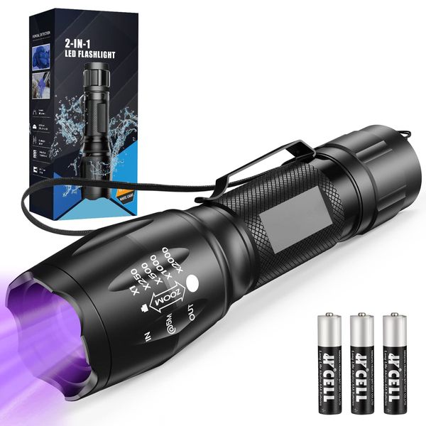 MOWETOO UV Flashlight, 2 in 1 395 nm LED Flashlight with UV Black Light & White Light, 500LM, 4 Modes & Waterproof Pet Urine Detector (1 Pack)