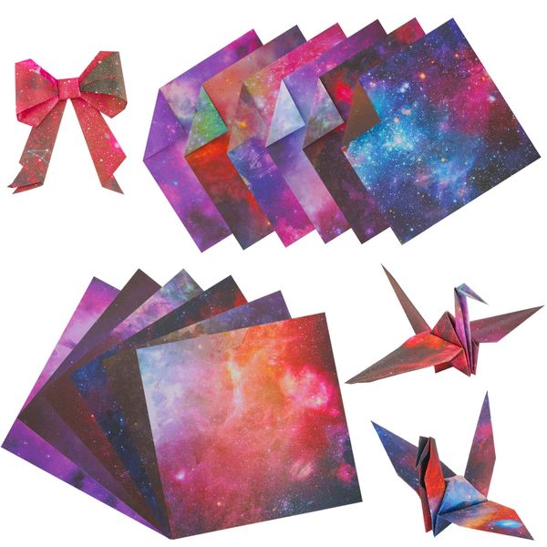 KINBOM 50Pcs 5.9x5.9 Inch Space Origami Paper, Beautiful Double Sided Starry Night Scrapbook Paper with 12 Zodiac Signs and Galaxy Outer Space Patterns for Kids DIY Christmas Craft