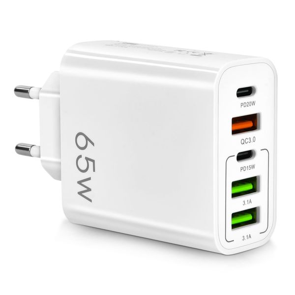 AXFEE 65W Multi AXFEE USB C Ladegerät, 5 Ports Mehrfach Ladegerät mit USB-C und USB-A, 65W Schnellladegerät PD 3.0 Power Adapter USB Netzteil für iPhone 14 Pro Max 13