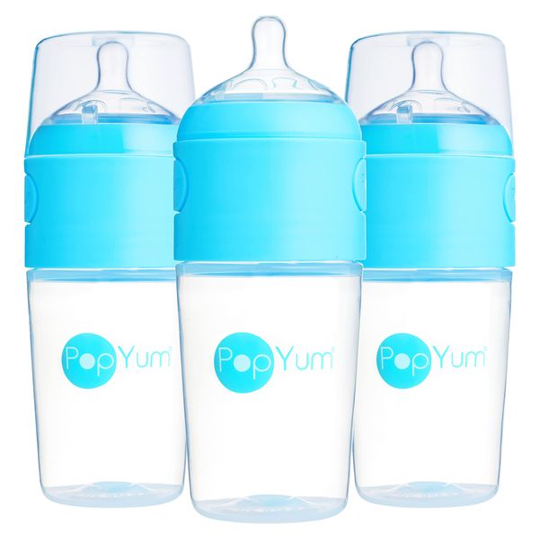 PopYum 9 oz Blue Anti-Colic Formula Making/Mixing/Dispenser Baby Bottles, 3-Pack (with #2 Nipples)