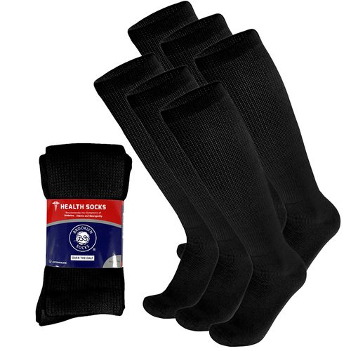 6 Pairs of Diabetic Over The Calf - Knee High Cotton Socks (Black - 6 Pairs, Fit Men's Shoe Size 10-12)