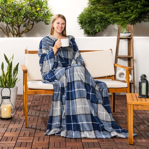 PAVILIA Wearable Blanket with Sleeves for Adults Women Men, Plaid Navy Blue Fleece Soft Warm Full Body Wrap Throw, Front Pocket, Cozy Robe Blanket with Arm, Gifts for Christmas, Mom Wife