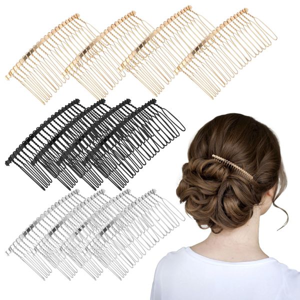 French Combs for Hair, 12 Pieces 20 Teeth Hair Side Comb Clips Metal Wire Hair Comb Black/Silver/Gold Decorative Hair Combs Twist Bridal Wedding Veil Hair Combs for Women Girls Tyling Accessories