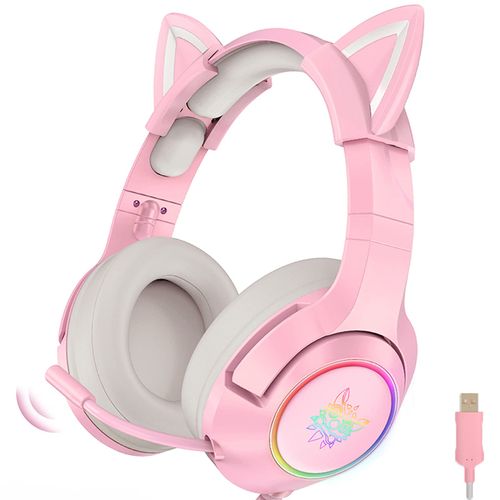 Gaming Headset Pink, Cute Cat Ear Headset, 7.1 Surround Sound Gaming Headset with Adjustable Noise Cancellation, LED Light, Retractable Microphone and Removable Cat Ear