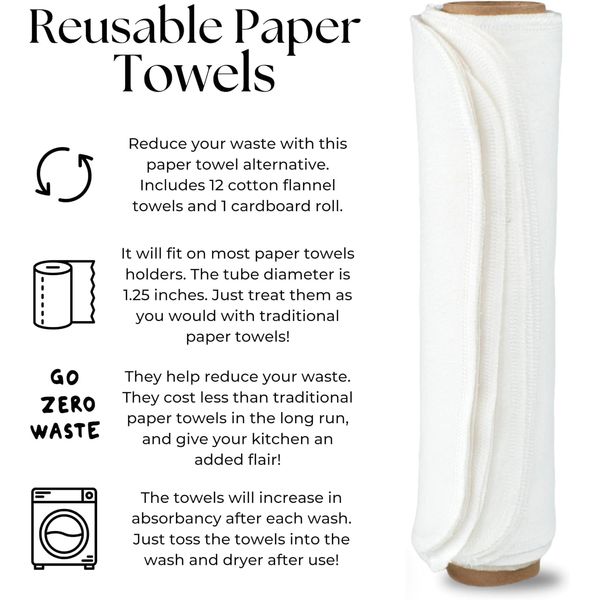 Vi-tal Health & Wellness Paperless Towels Roll Washable Cotton Cloth, Reusable Paper Towels - 10 Pack with Durable Cardboard Roll - 10" X 10" Zero Waste Reusable Napkins Eco Friendly (White)