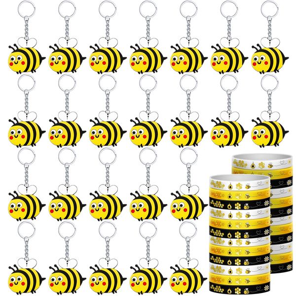 48 Pieces Cute Bee Keychain Bee Rubber Bracelets Bee Birthday Party Favors Honey Bee Silicone Wristband Bee Party Decorations for Birthday Supplies