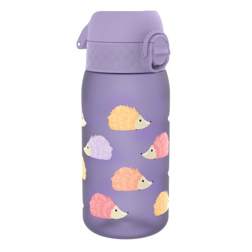 Ion8 Small Water Bottle, 350 ml/12 oz, Leak Proof, Easy to Open, Secure Lock, Dishwasher Safe, BPA Free, Carry Handle, Hygienic Flip Cover, Easy Clean, Odor Free, Carbon Neutral, Purple, Hedgehog