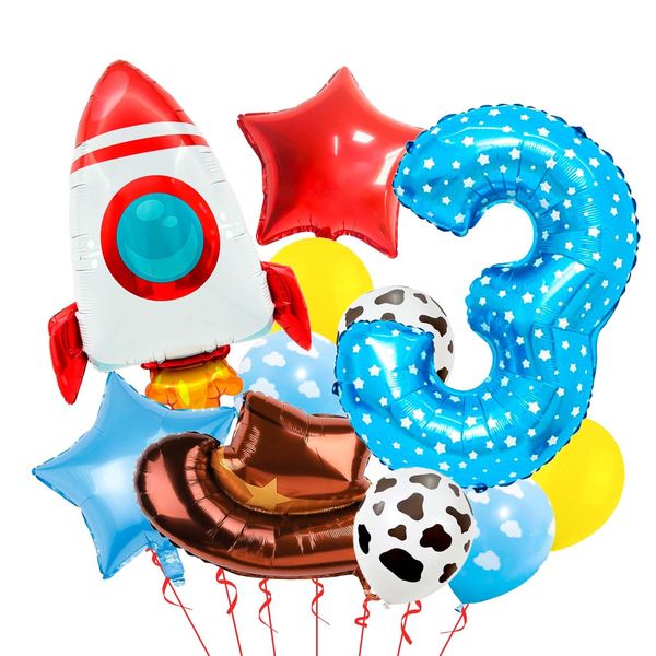 Toy Themed Number 3 Balloon, Happy Birthday Balloon, Colorful Balloons with Rocket Balloon and Cowboy Hat Balloon, Rainbow Balloons for Kids Birthday Party (3)