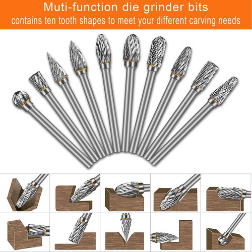 Hakkin 10Pcs Tungsten Carbide Steel Double Cut Rotary Burrs Set for Dremel Accessory 1/8" Shank Die Grinder Bits Rotary Tool Accessories for DIY Wood Carving, Metal Polishing, Engraving, Drilling
