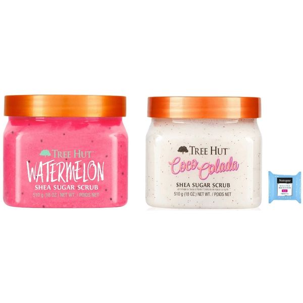 Tree Hut Shea Sugar Body Scrub, Watermelon, Coco Colada,18oz, 2PK, With Single Makeup Remover Cleansing Wipe