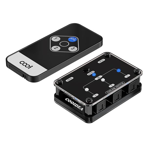 COOIDEA SPDIF Toslink-Automatik Switcher 3 in 1 Out, Digitaler Optischer Umschalter mit Kabelloser Fernbedienung, Unterstützt 192k/24Bit PCM2.0 DTS Dolby-AC3, Kompatibel mit TV/Xbox/Blu-Ray-Player