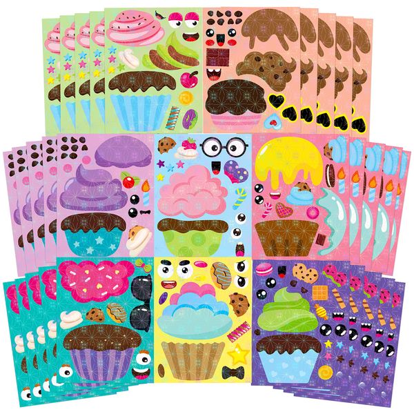 Yopyame 40 Sheets Make Your Own Cupcake Holographic Stickers, Cupcake Party Make a Face Stickers for School Rewards, Mix and Match Dessert Cakes Stickers for Kids, Cupcake Decals for Party Favors