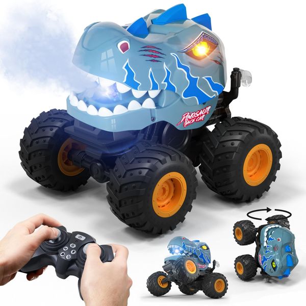 Awvlvwa Dinosaur Remote Control Car for Boys 4-7, 360° Rotating Stunt Vehicle, 2.4GHz All Terrain RC Monster Truck Toys with Spray, Light & Sound for Kids 8-12,Christmas Birthday Gift for Boys (Grey)