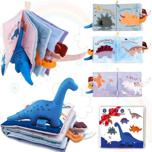 Richgv Baby Books Toys 0-6-12 Months, Baby Boy Gifts,Touch and Feel Crinkle Books with Dino Doll, Newborn Infant Toys 6-9-12 Months, Carseat Toys Teething Toys Christmas Stocking Stuffers for Babies