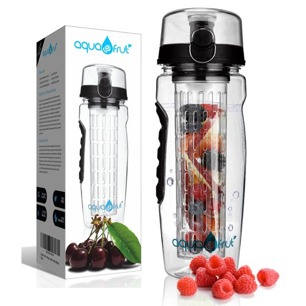 AquaFrut 32 OZ Fruit Infuser Water Bottle BPA-Free Fruit Infusion Sports Bottle - Flip Top Lid w Drinking Spout, Leak Proof, Made of Durable Tritan. Free Recipe eBook! (Black)