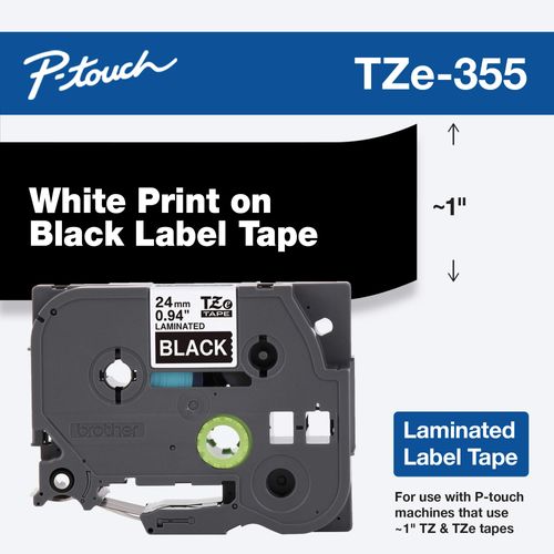 Brother Genuine P-Touch TZE-355 Tape, 1" (0.94") Wide Standard Laminated Tape, White on Black, Laminated for Indoor or Outdoor Use, Water-Resistant, 0.94" x 26.2' (24mm x 8M), Single-Pack, TZE355