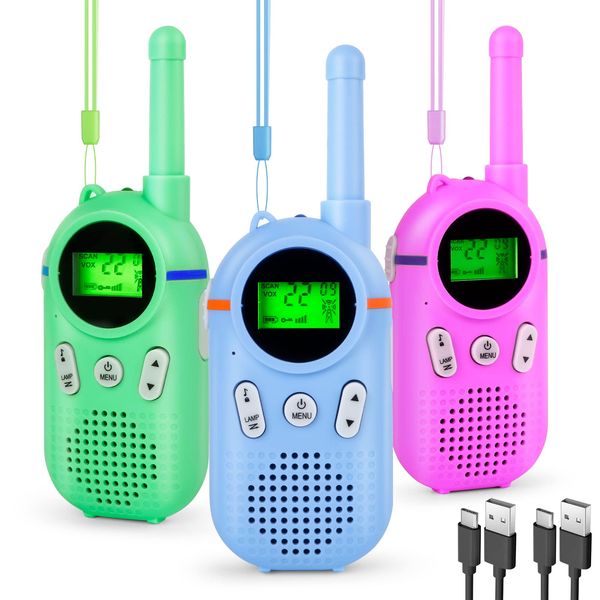 Walkie Talkies for Kids Rechargeable 3 Pack, Providing 48hrs Working Time and Long Range of 3KMs, Best Gift for Kids Aged 3-12 Years (Blue+Green+Purple)