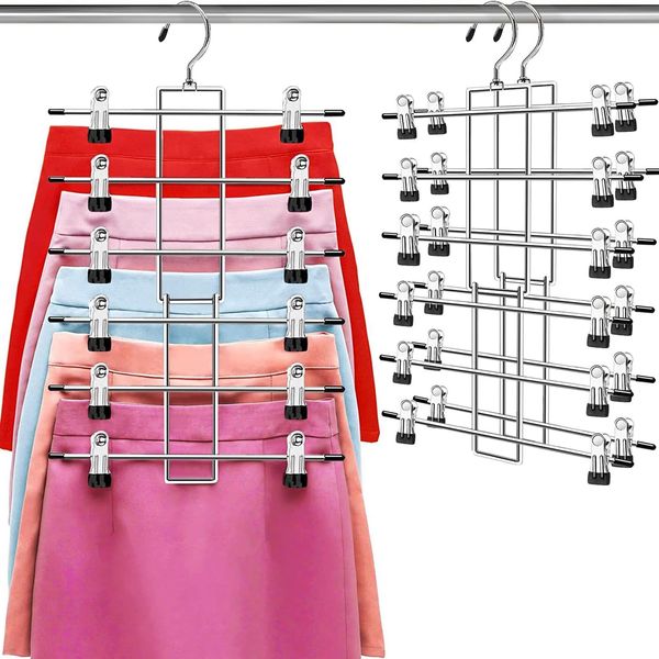 Hangers,Pants Hangers,Clothes Hangers - 6 Tiers Skirt Hangers with 360° Swivel Hook,Hangers Space Saving with Clips,Closet Organizer -Baby Hangers- 2 Pack Pant Hangers