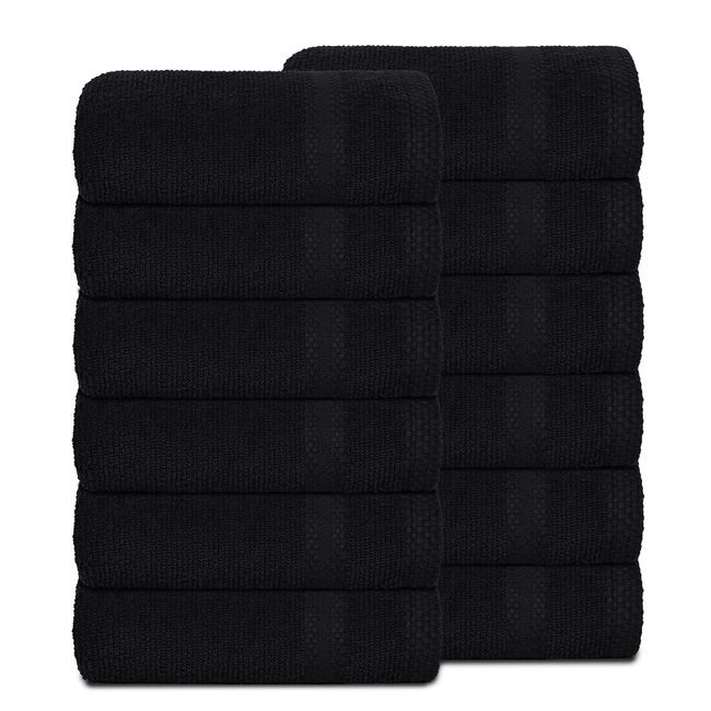 GLAMBURG Ultra Soft 12-Piece Washcloths Set 13x13-100% Ringspun Cotton - Durable & Highly Absorbent Face Towels - Ideal for use in Bathroom, Kitchen, Gym, Spa & General Cleaning - Black