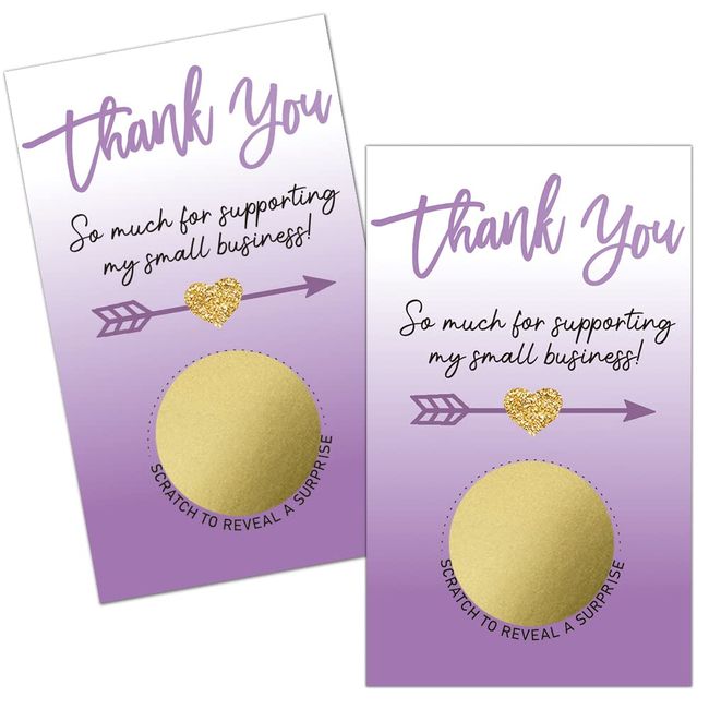 Haizct 50 Pack Purple Thank You Blank Gift Certificate Scratch Off Cards for Small Business, Spa Beauty Makeup Hair Salon, Bridal Shower, Baby Shower, Country Wedding (Thank You Card E), Gold-GK090